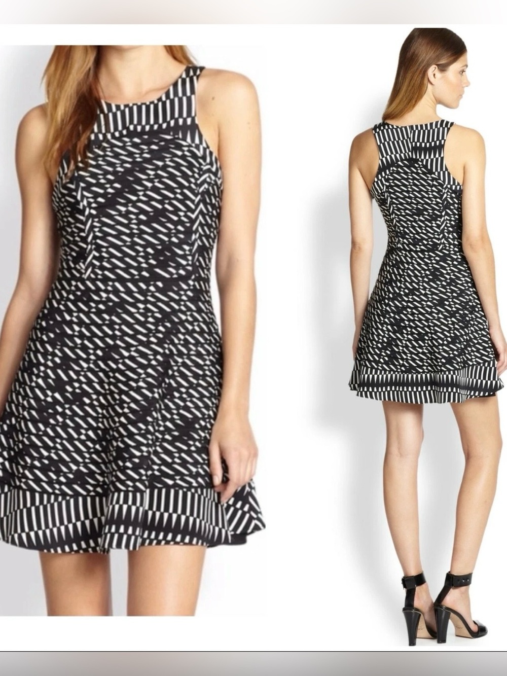 Parker Evony Mesh Panel Mini Dress Black White Geometric XS NWOT